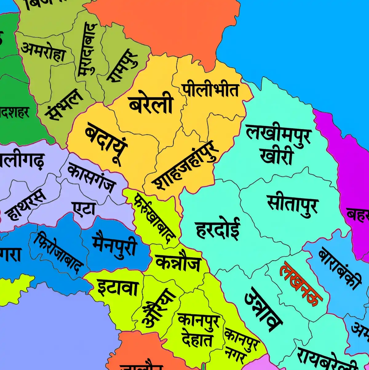 उत्तर प्रदेश का नक्शा जिसमें शाहजहाँपुर जिला दर्शाया गया है जो सर्वाधिक 8 जिलों के साथ सीमा साझा करता है। 