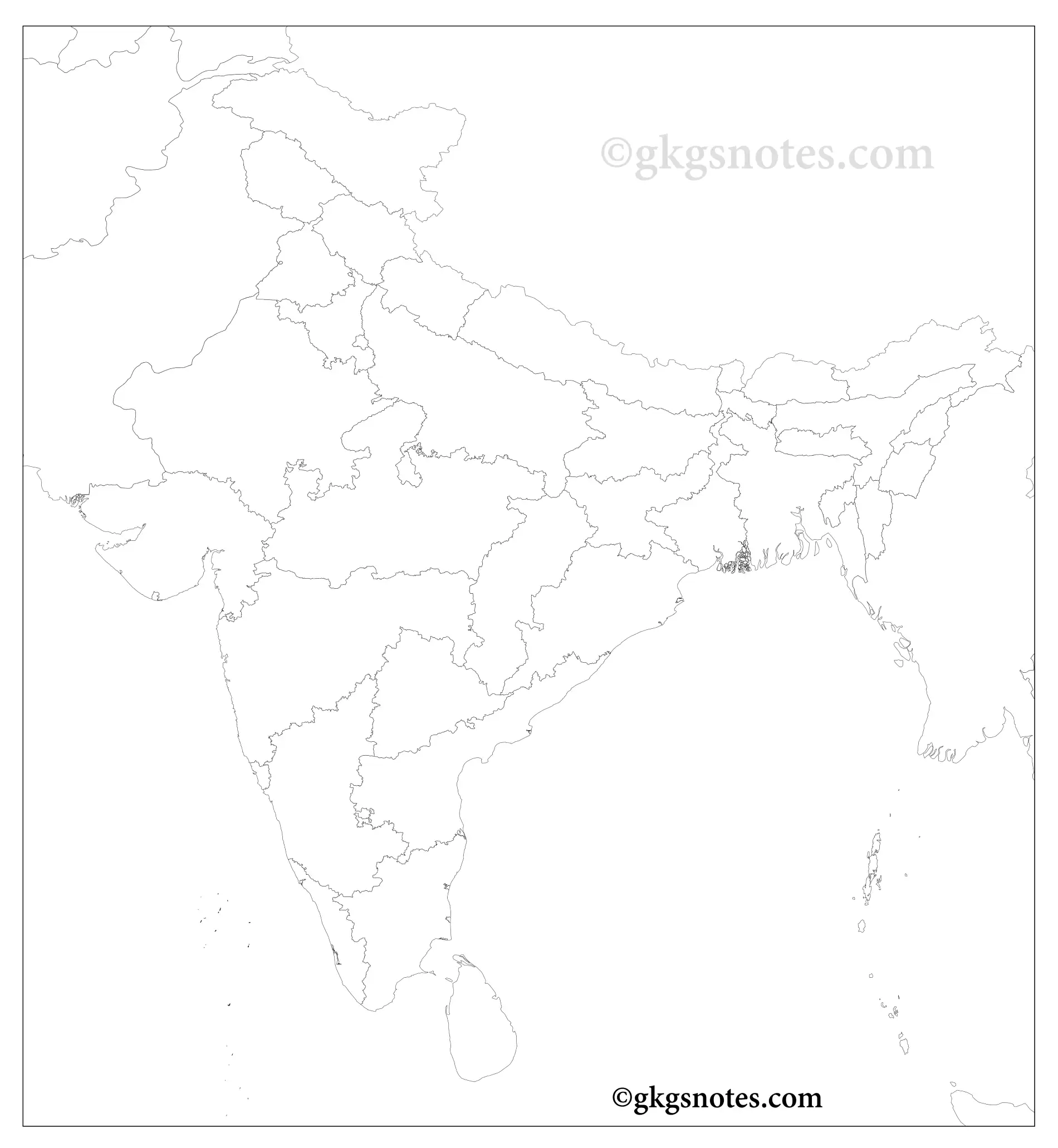 Practice Blank Map of India with Borders - भारत का ब्लैंक नक्शा जिसमें राज्यों, केंद्र शासित प्रदेशों और पड़ोसी देशों की सीमाएं दर्शाई गई हैं