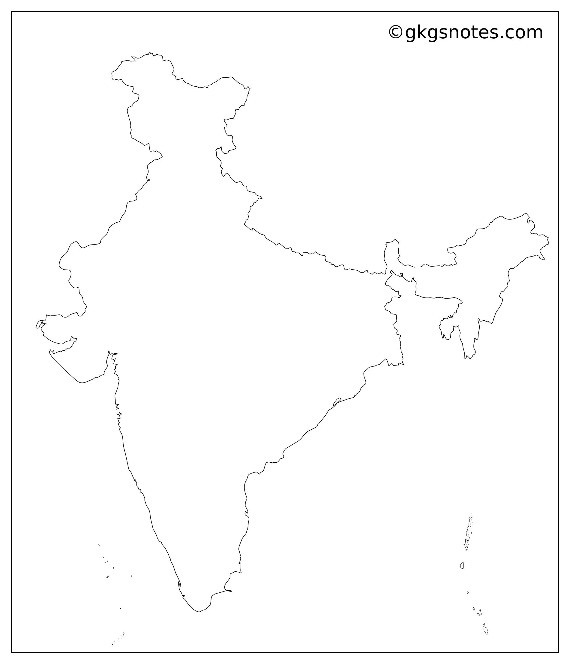 Blank Map of India without State Borders - भारत का खाली नक्शा जिसमें केवल अंतरराष्ट्रीय सीमाएं दर्शाई गई हैं