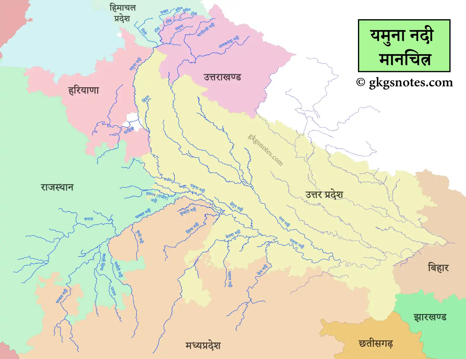 यमुना नदी का मानचित्र - उद्गम स्थल, प्रवाह मार्ग और सहायक नदियों सहित (Yamuna River Map)