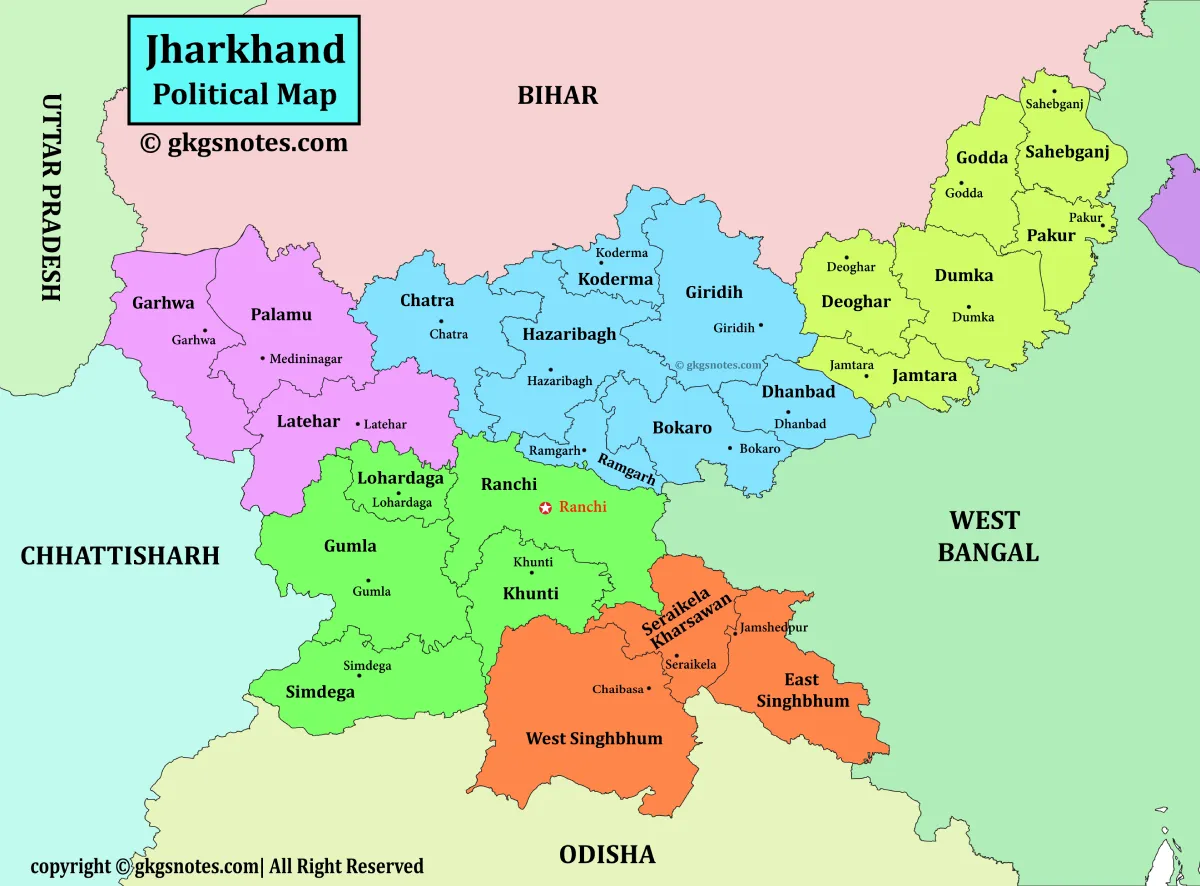 Jharkhand Map in English – Showing all districts with boundaries and neighboring states