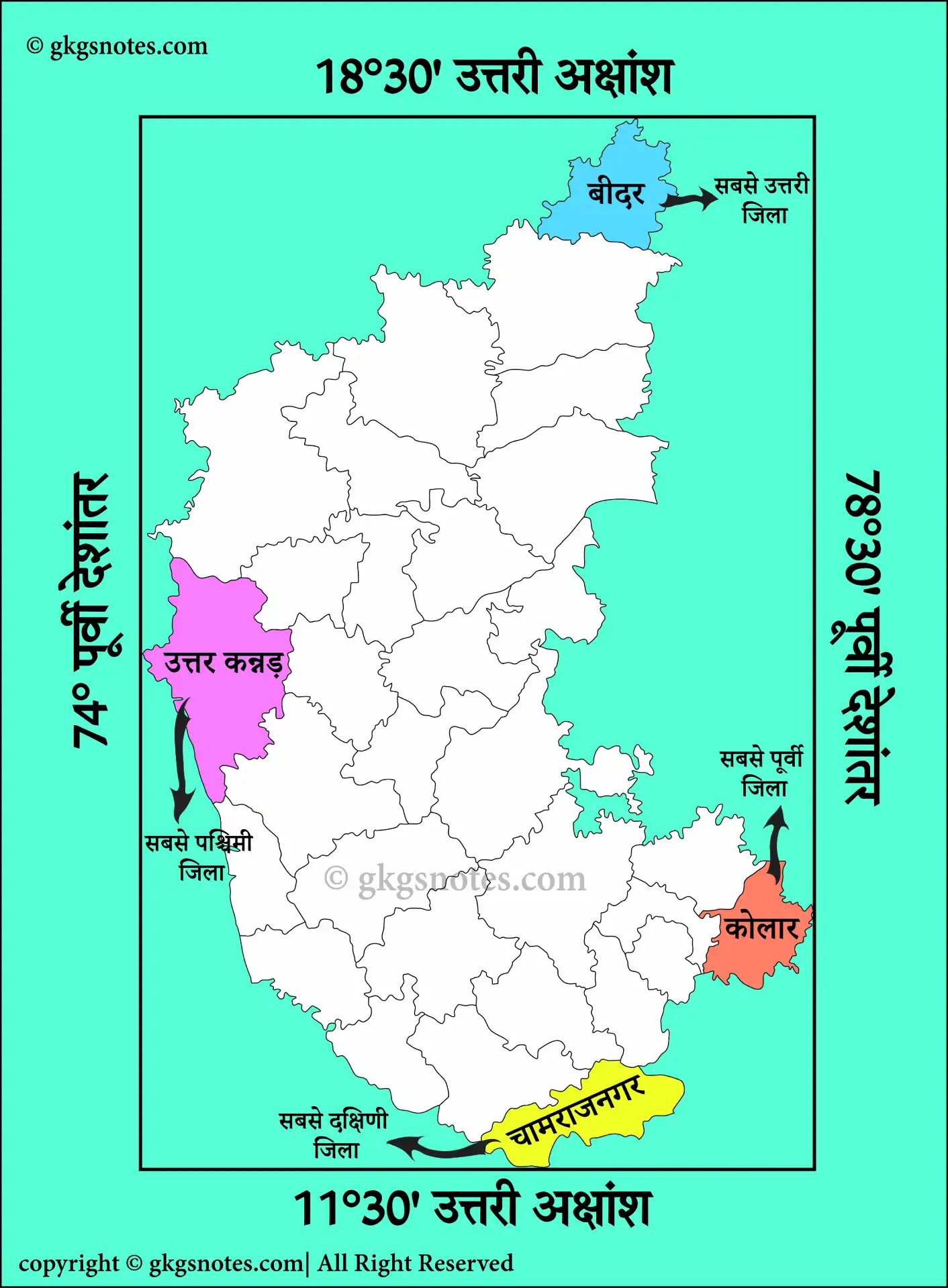 Karnataka Latitudinal and Longitudinal Extent Map- कर्नाटक का अक्षांशीय और देशांतरीय विस्तार
