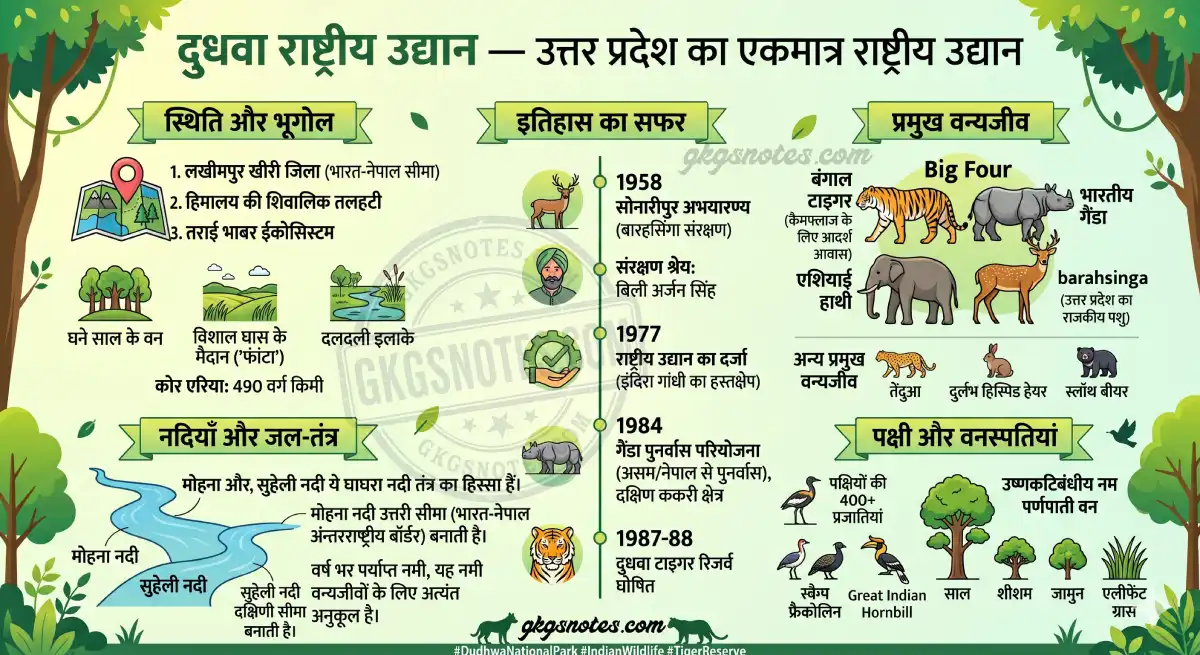दुधवा राष्ट्रीय उद्यान (उत्तर प्रदेश) का विस्तृत रिवीजन इन्फोग्राफिक, जिसमें भौगोलिक स्थिति, मोहना-सुहेली नदियां, इतिहास, और 'बिग फोर' प्रमुख वन्यजीवों (बाघ, गैंडा, हाथी, बारहसिंगा) की जानकारी हिंदी में दर्शाई गई है।