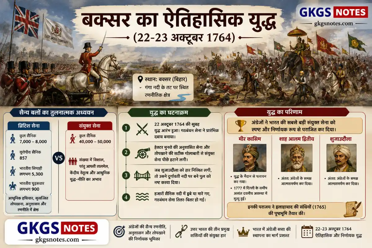 बक्सर का युद्ध 1764 सैन्य तुलना, घटनाक्रम और परिणाम इन्फोग्राफिक