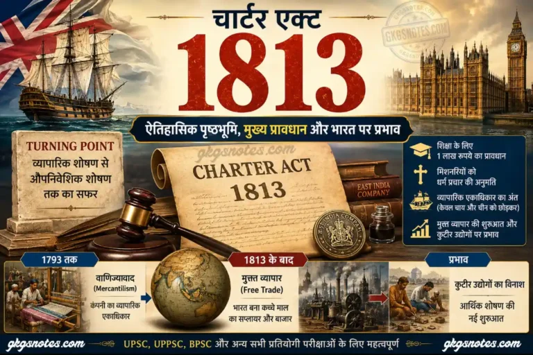 चार्टर एक्ट 1813 (Charter Act 1813 in Hindi) - ऐतिहासिक पृष्ठभूमि, मुख्य प्रावधान, शिक्षा बजट और भारत पर प्रभाव को दर्शाता इन्फोग्राफिक। UPSC Notes
