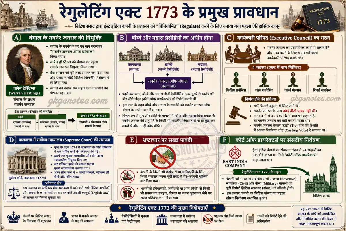 रेगुलेटिंग एक्ट 1773 के प्रमुख प्रावधानों (Provisions) को दर्शाने वाला विस्तृत इन्फोग्राफिक, जिसमें गवर्नर जनरल की नियुक्ति और सुप्रीम कोर्ट की स्थापना को समझाया गया है।